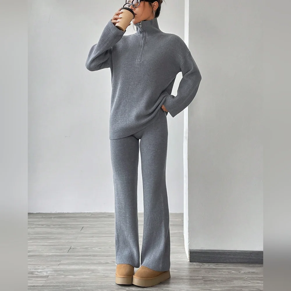 Half Zip Drop Shoulder Sweater & Knit Pants - Picture 2 of 6
